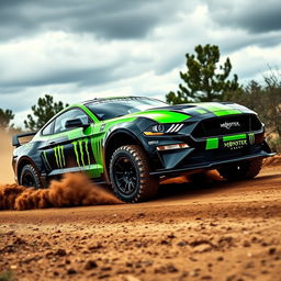 A powerful Rally Mustang customized by Monster Energy, featuring the iconic bright green and black color scheme with bold Monster logos all over the vehicle