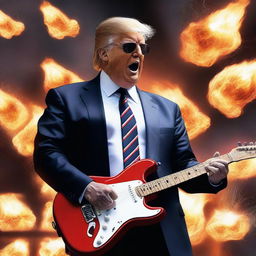 A photorealistic depiction of Donald Trump playing an electric guitar with an energy suggesting ultimate coolness