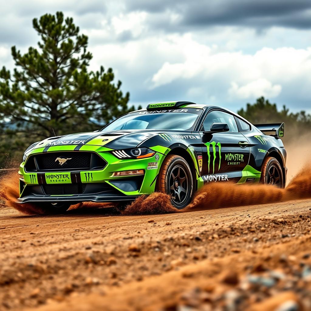 A powerful Rally Mustang customized by Monster Energy, featuring the iconic bright green and black color scheme with bold Monster logos all over the vehicle