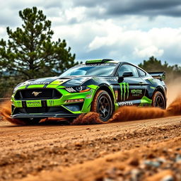 A powerful Rally Mustang customized by Monster Energy, featuring the iconic bright green and black color scheme with bold Monster logos all over the vehicle