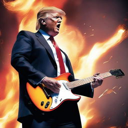 A photorealistic depiction of Donald Trump playing an electric guitar with an energy suggesting ultimate coolness