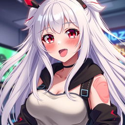 An attractive anime girl with long, flowing white hair, striking an alluring pose as she playfully sticks her tongue out