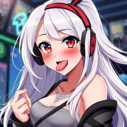 An attractive anime girl with long, flowing white hair, striking an alluring pose as she playfully sticks her tongue out