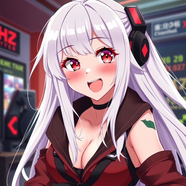 An attractive anime girl with long, flowing white hair, striking an alluring pose as she playfully sticks her tongue out