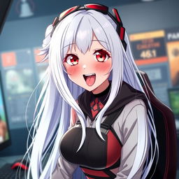 An attractive anime girl with long, flowing white hair, striking an alluring pose as she playfully sticks her tongue out