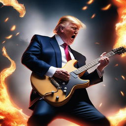 A photorealistic depiction of Donald Trump playing an electric guitar with an energy suggesting ultimate coolness