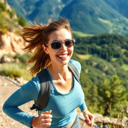 An active and spirited woman in her mid-30s, dressed in stylish fitness attire, enjoying a sunny day in a picturesque outdoor setting