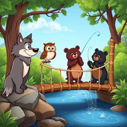 A whimsical cartoon scene depicting a cartoon wolf and an owl watching two friendly cartoon bears fishing from a charming rope bridge