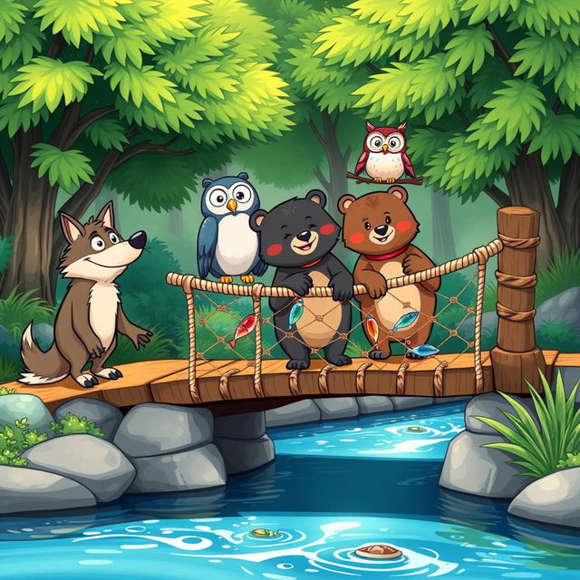 A whimsical cartoon scene depicting a cartoon wolf and an owl watching two friendly cartoon bears fishing from a charming rope bridge