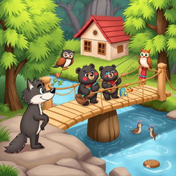 A whimsical cartoon scene depicting a cartoon wolf and an owl watching two friendly cartoon bears fishing from a charming rope bridge