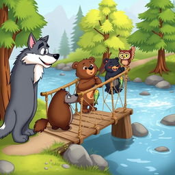 A whimsical cartoon scene depicting a cartoon wolf and an owl watching two friendly cartoon bears fishing from a charming rope bridge