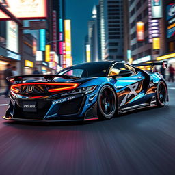 A stunning Honda NSX designed in the iconic style of the Need for Speed video game, featuring aggressive body modifications, a vibrant paint job with a mix of neon blue and metallic black colors, and eye-catching racing decals