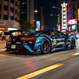 A stunning Honda NSX designed in the iconic style of the Need for Speed video game, featuring aggressive body modifications, a vibrant paint job with a mix of neon blue and metallic black colors, and eye-catching racing decals