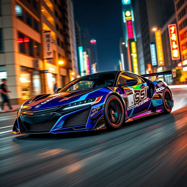 A stunning Honda NSX designed in the iconic style of the Need for Speed video game, featuring aggressive body modifications, a vibrant paint job with a mix of neon blue and metallic black colors, and eye-catching racing decals