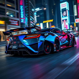 A stunning Honda NSX designed in the iconic style of the Need for Speed video game, featuring aggressive body modifications, a vibrant paint job with a mix of neon blue and metallic black colors, and eye-catching racing decals