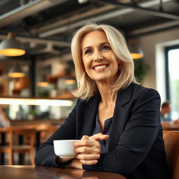A confident woman in her early 40s, exuding warmth and sincerity, seated at a modern cafe with an inviting atmosphere