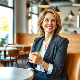 A confident woman in her early 40s, exuding warmth and sincerity, seated at a modern cafe with an inviting atmosphere