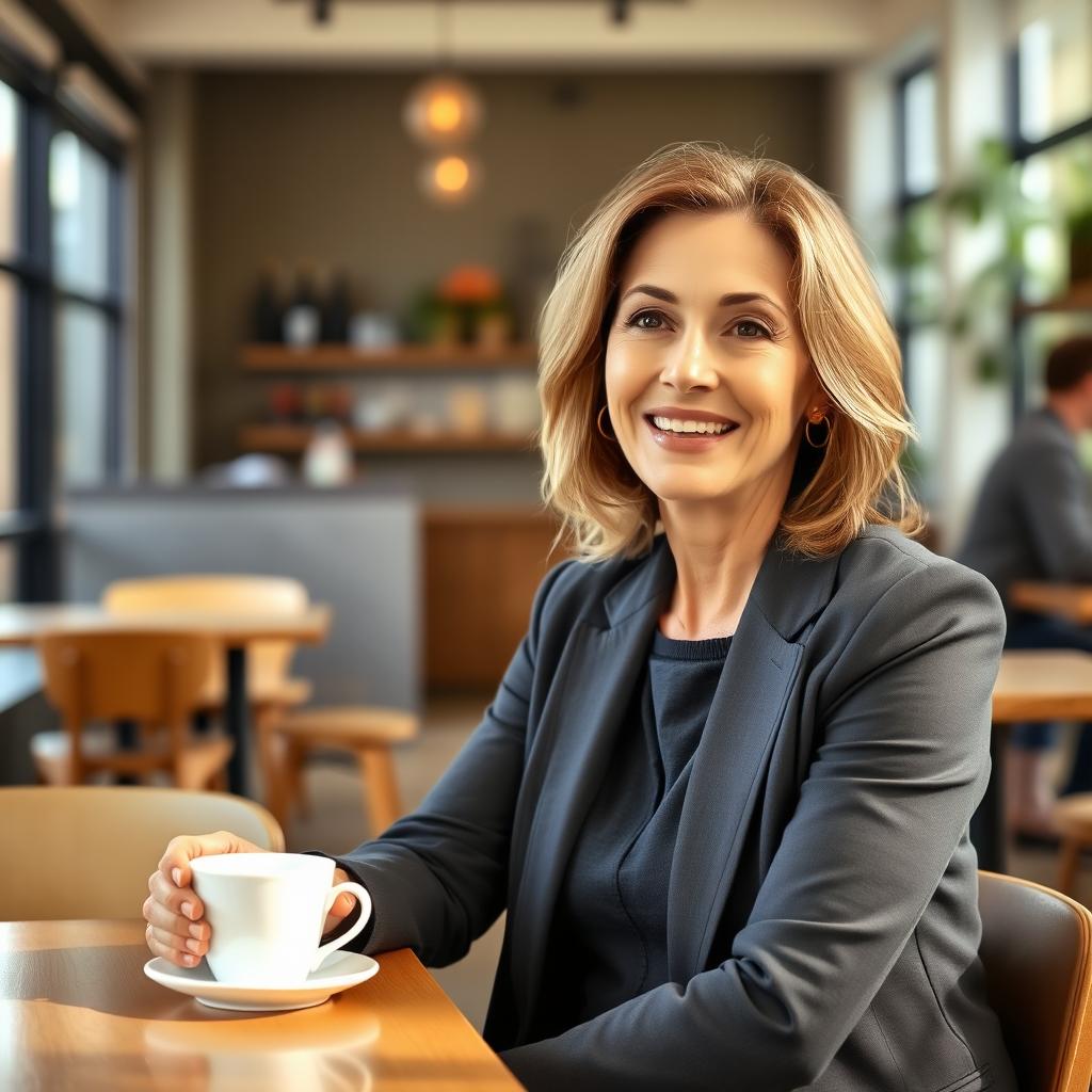 A confident woman in her early 40s, exuding warmth and sincerity, seated at a modern cafe with an inviting atmosphere