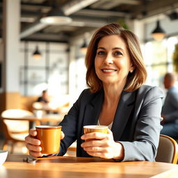 A confident woman in her early 40s, exuding warmth and sincerity, seated at a modern cafe with an inviting atmosphere