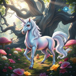 A mystical unicorn standing majestically in a vibrant fantasy forest filled with colorful, oversized flowers and glowing mushrooms