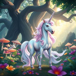A mystical unicorn standing majestically in a vibrant fantasy forest filled with colorful, oversized flowers and glowing mushrooms