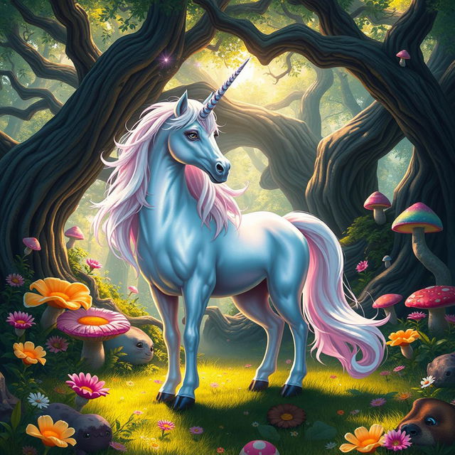 A mystical unicorn standing majestically in a vibrant fantasy forest filled with colorful, oversized flowers and glowing mushrooms