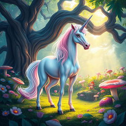 A mystical unicorn standing majestically in a vibrant fantasy forest filled with colorful, oversized flowers and glowing mushrooms