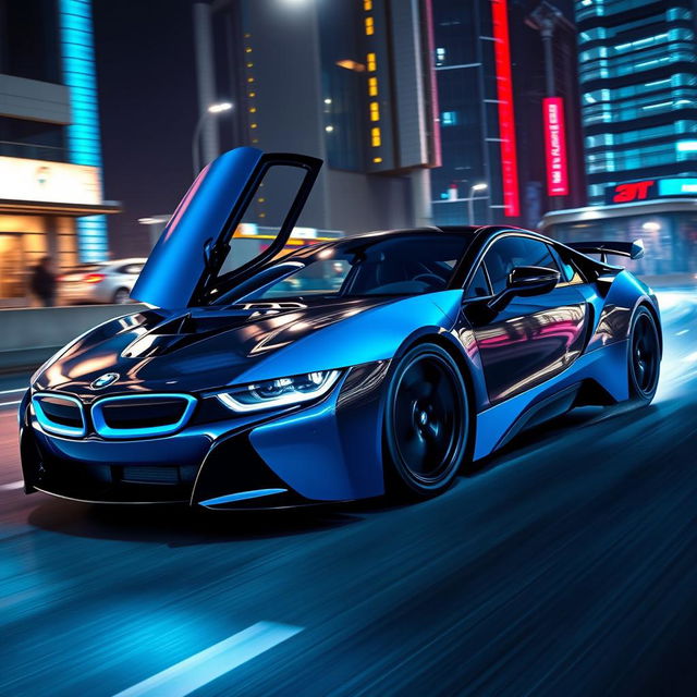 A dynamic BMW i8 designed in the exhilarating style of Need for Speed, featuring a striking and futuristic look with a glossy black and electric blue color scheme, enhanced by aggressive aerodynamics