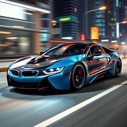A dynamic BMW i8 designed in the exhilarating style of Need for Speed, featuring a striking and futuristic look with a glossy black and electric blue color scheme, enhanced by aggressive aerodynamics