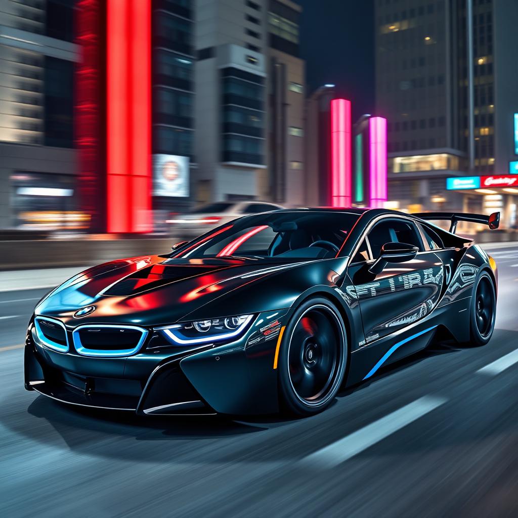 A dynamic BMW i8 designed in the exhilarating style of Need for Speed, featuring a striking and futuristic look with a glossy black and electric blue color scheme, enhanced by aggressive aerodynamics