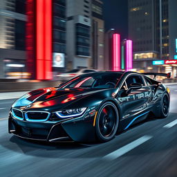 A dynamic BMW i8 designed in the exhilarating style of Need for Speed, featuring a striking and futuristic look with a glossy black and electric blue color scheme, enhanced by aggressive aerodynamics