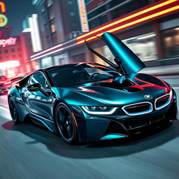 A dynamic BMW i8 designed in the exhilarating style of Need for Speed, featuring a striking and futuristic look with a glossy black and electric blue color scheme, enhanced by aggressive aerodynamics