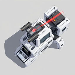 A clean and detailed top-down 2D illustration of a futuristic laser turret, showcasing its sleek and modern design with prominent laser barrels and advanced electronic panels