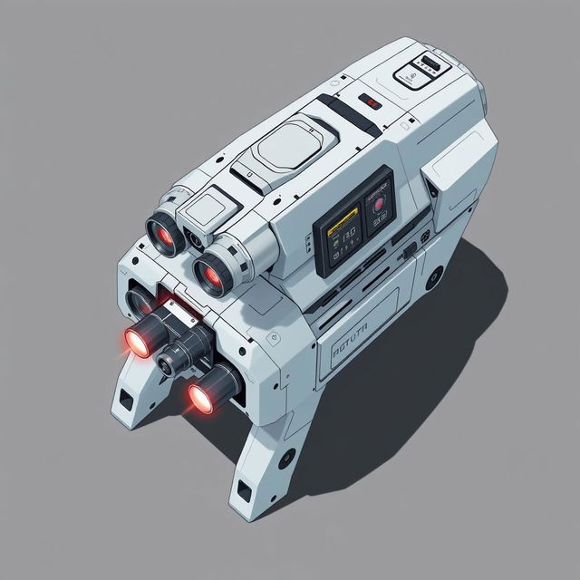 A clean and detailed top-down 2D illustration of a futuristic laser turret, showcasing its sleek and modern design with prominent laser barrels and advanced electronic panels