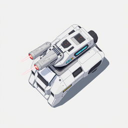 A clean and detailed top-down 2D illustration of a futuristic laser turret, showcasing its sleek and modern design with prominent laser barrels and advanced electronic panels
