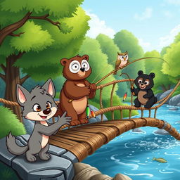 A delightful cartoon scene featuring a playful cartoon wolf pup and a wise owl observing two friendly cartoon bears fishing from a whimsical rope bridge