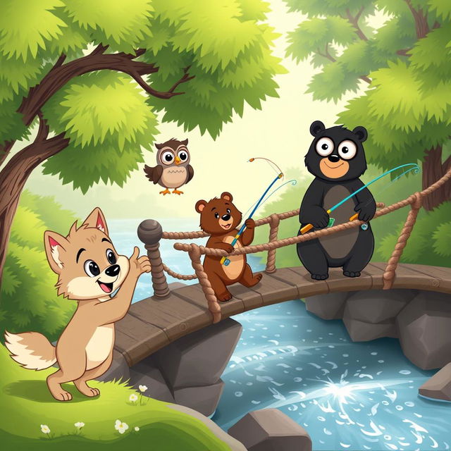 A delightful cartoon scene featuring a playful cartoon wolf pup and a wise owl observing two friendly cartoon bears fishing from a whimsical rope bridge