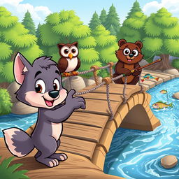 A delightful cartoon scene featuring a playful cartoon wolf pup and a wise owl observing two friendly cartoon bears fishing from a whimsical rope bridge