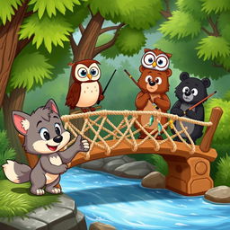 A delightful cartoon scene featuring a playful cartoon wolf pup and a wise owl observing two friendly cartoon bears fishing from a whimsical rope bridge
