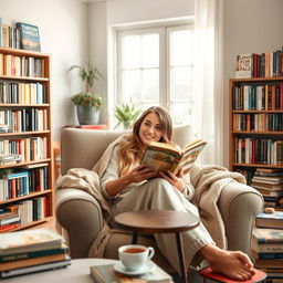 A cozy scene featuring a woman in her early 30s, nestled comfortably in a well-lit living room, surrounded by bookshelves filled with colorful books