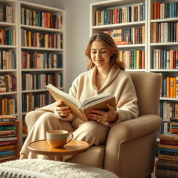 A cozy scene featuring a woman in her early 30s, nestled comfortably in a well-lit living room, surrounded by bookshelves filled with colorful books