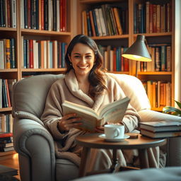 A cozy scene featuring a woman in her early 30s, nestled comfortably in a well-lit living room, surrounded by bookshelves filled with colorful books