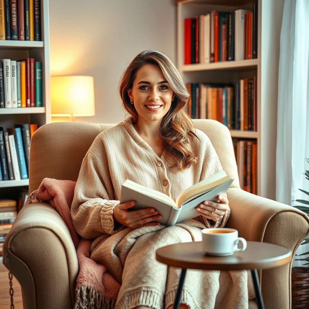 A cozy scene featuring a woman in her early 30s, nestled comfortably in a well-lit living room, surrounded by bookshelves filled with colorful books