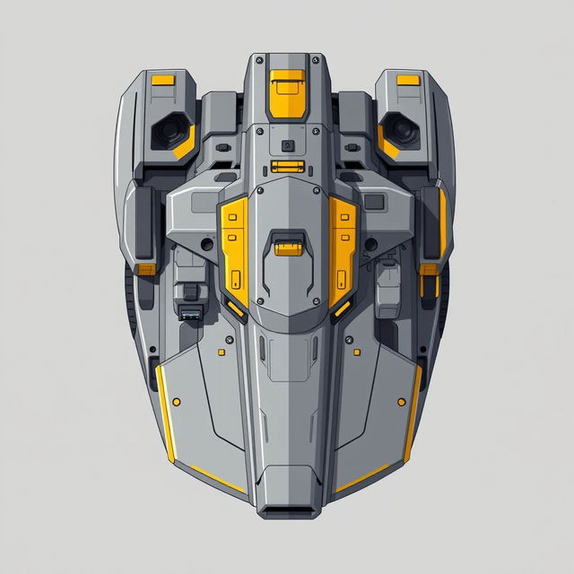 A clean and detailed top-down 2D illustration of a futuristic laser turret, primarily in gray and golden tones