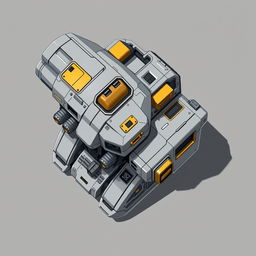A clean and detailed top-down 2D illustration of a futuristic laser turret, primarily in gray and golden tones