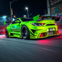 A stunning Liberty Walk modified car inspired by the Grand Theft Auto (GTA) aesthetic, featuring a vibrant lime green paint job with aggressive wide-body kit and custom aerodynamic enhancements