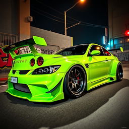 A stunning Liberty Walk modified car inspired by the Grand Theft Auto (GTA) aesthetic, featuring a vibrant lime green paint job with aggressive wide-body kit and custom aerodynamic enhancements