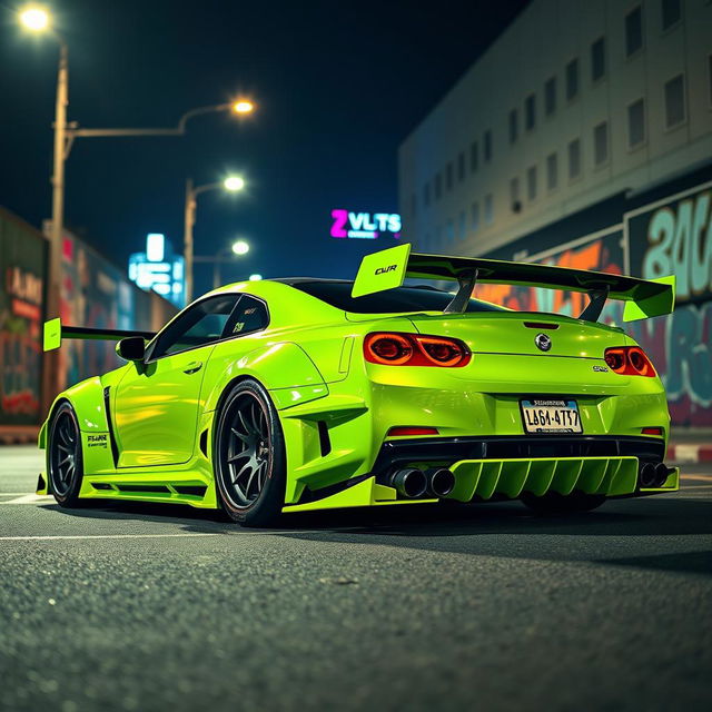 A stunning Liberty Walk modified car inspired by the Grand Theft Auto (GTA) aesthetic, featuring a vibrant lime green paint job with aggressive wide-body kit and custom aerodynamic enhancements