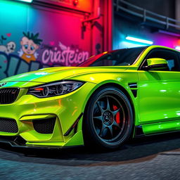 A stunning Liberty Walk modified car inspired by the Grand Theft Auto (GTA) aesthetic, featuring a vibrant lime green paint job with aggressive wide-body kit and custom aerodynamic enhancements