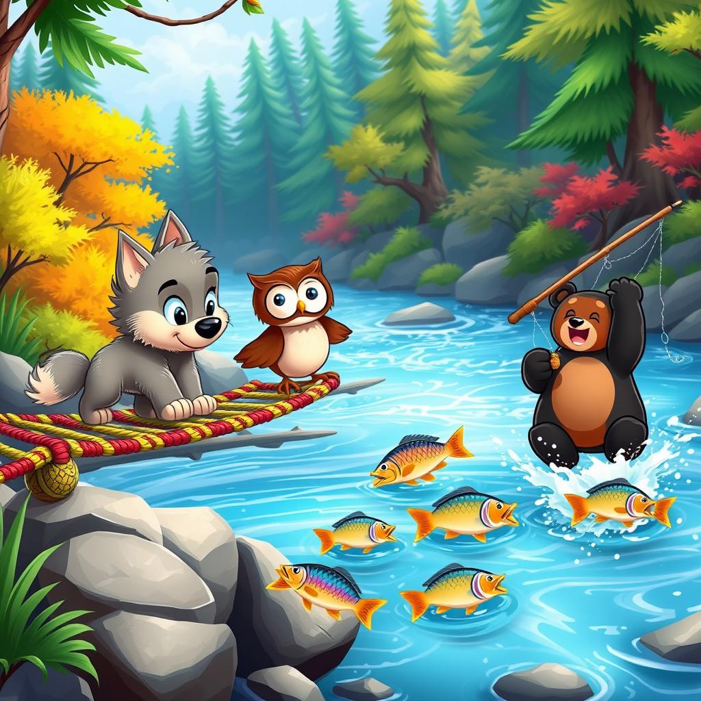 A lively cartoon scene showcasing a cute wolf pup and a cheerful owl together on a colorful rope bridge, while two playful cartoon bears are enthusiastically catching fish below